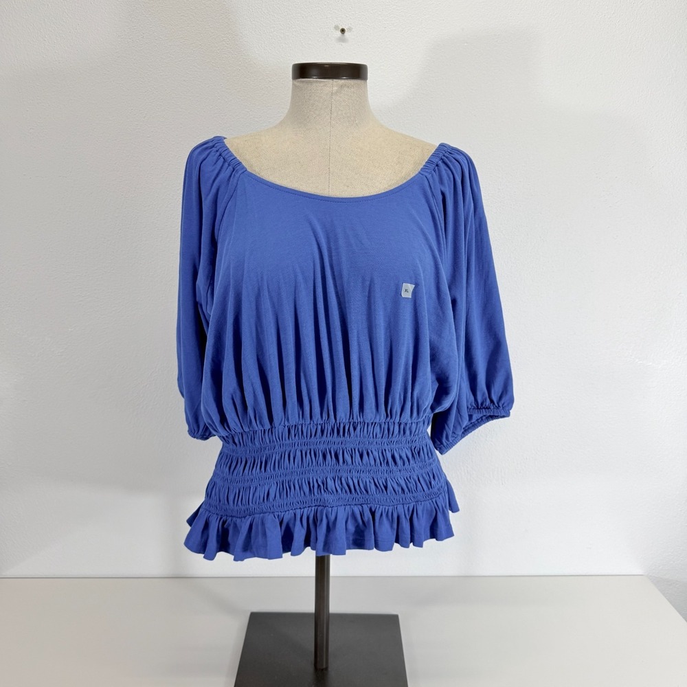 Loft Cobalt Blue 100% Cotton XL Smocked Peasant Blouse Coquette Soft Girl Casual